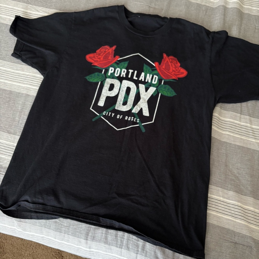 Black Portland PDX T-Shirt with Red Rose Design
